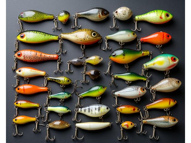 A vibrant display of various custom fishing lures on a workbench, showing different shapes, sizes, and color patterns, implying extensive customization options.