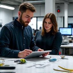 Two designers in a modern workshop intently reviewing fishing gear on a tablet, with sketches and tackle components visible on a desk, representing the initial consultation stage of custom design.