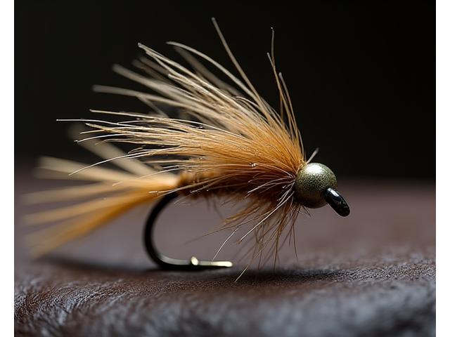 Intricately hand-tied fly fishing attractors, including dry flies, nymphs, and streamers, laid out on a dark leather surface, emphasizing craftsmanship.