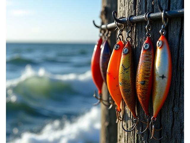 Durable, corrosion-resistant saltwater fishing lures, including jigs and large plugs, displayed on a weathered wooden dock with salty ocean spray in the background.