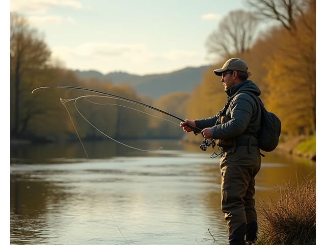 A fly fishing instructor demonstrating a perfect cast on a wide British river bank, an elegant loop in the line.
