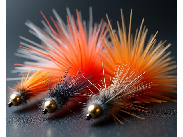 Large, colorful streamer fly patterns, designed for predatory fish, with intricate details.