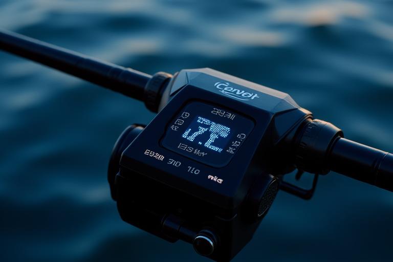 Modern smart fishing reel with integrated digital display showing depth and temperature data