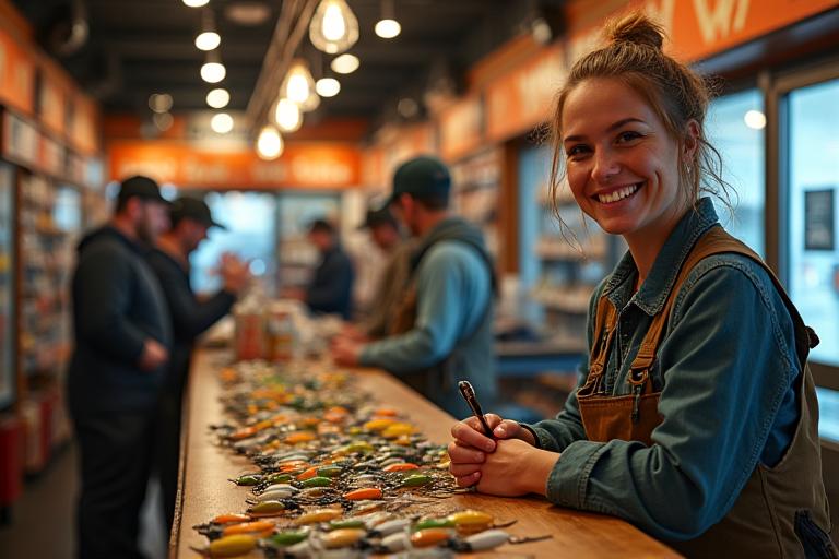 Busy fishing tackle shop with prominent Serpent Scale display, smiling shop owner
