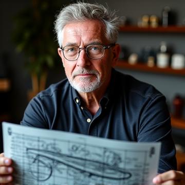 Portrait of a seasoned fishing tackle head designer, mid-50s, focused and pensive